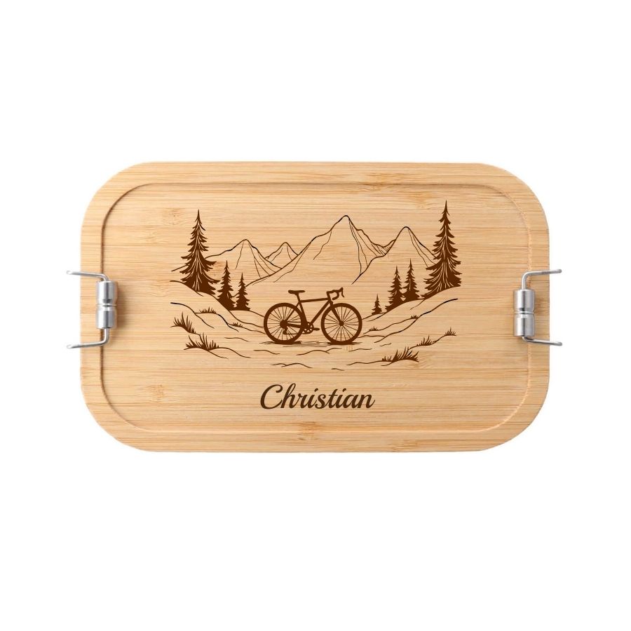 Personalisierte Lunchbox "Fahrrad & Berge" aus Edelstahl mit Bambusdeckel – Praktisches und nachhaltiges Geschenk für Radfahrer 