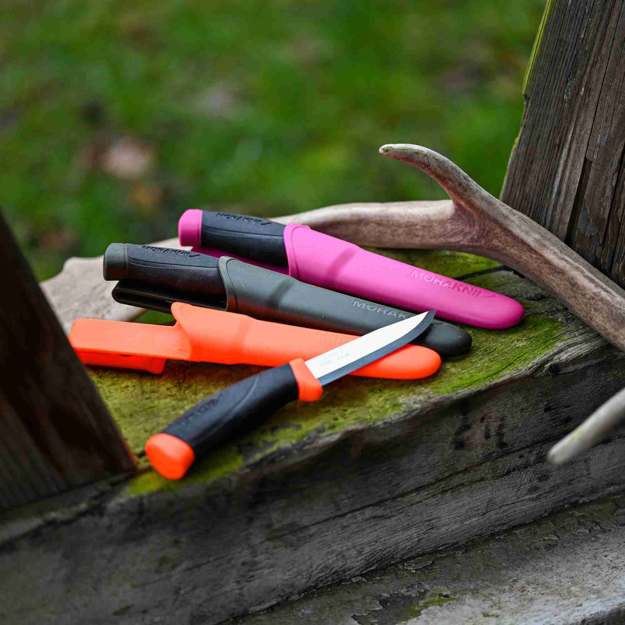 Jagdmesser in den Farben orange, pink und grün mit individueller Gravur