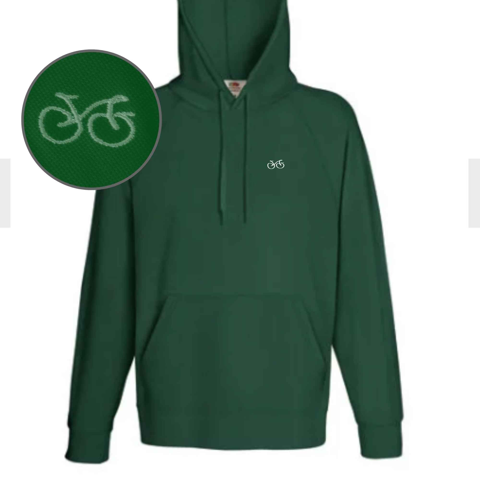 Hoodie bzw. Kapuzenpullover mit Fahrrad-Motiv bestickt in der Farbe Grün