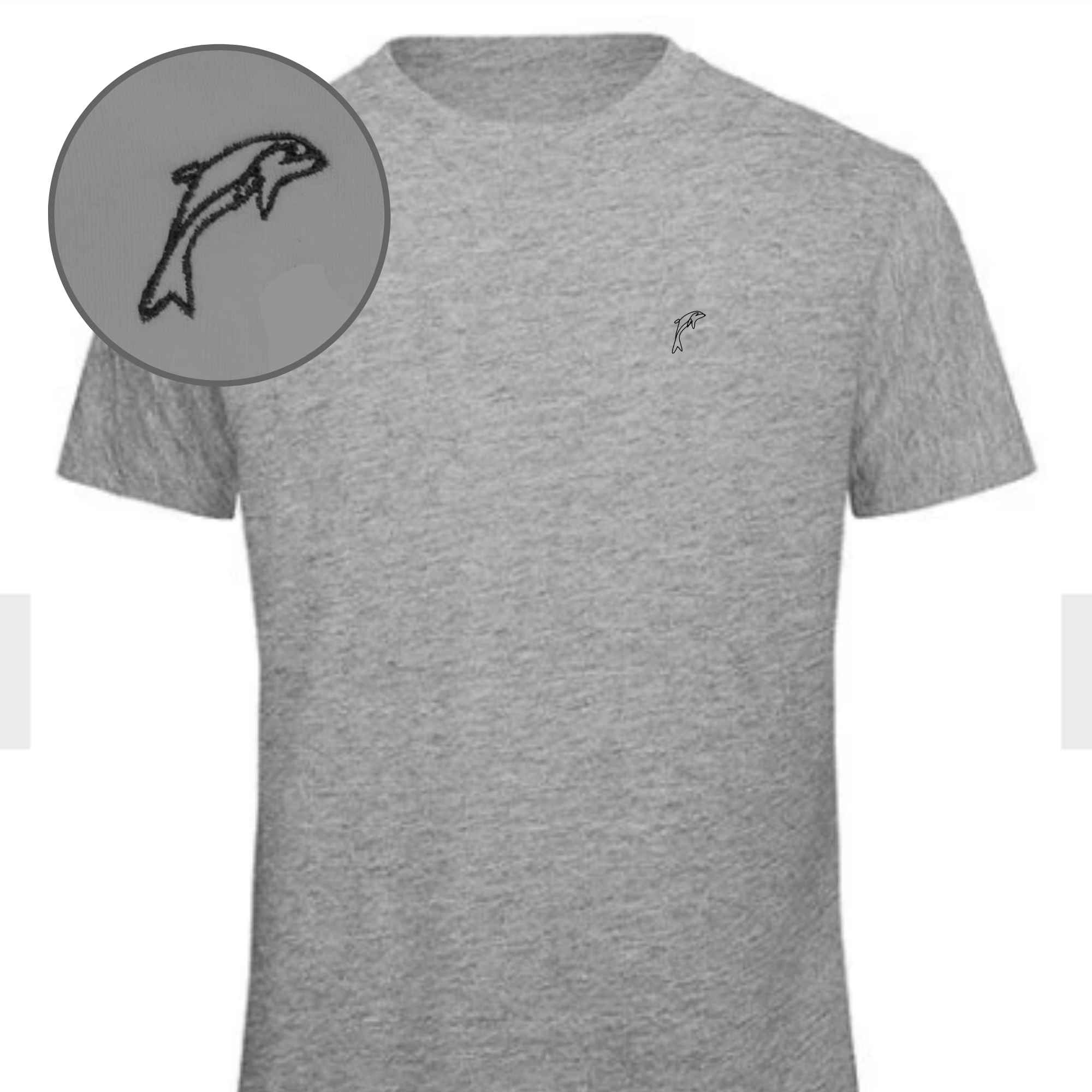Besticktes T-Shirt mit Delphinmotiv auf der Brust in Grau meliert