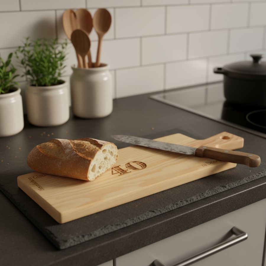 Holzbrett mit Griff graviert Baguettbrett mit Griff aus Holz mit individueller Gravur, tolles Geschenk für runde Geburtstage oder zu Weihnachten oder Personen die gerne in der Küche sind, Schneidbrett, Essen, Schneidbrett, Essen, Brot, Schneidbrett, Essen, Brot