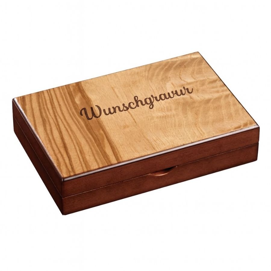 Rommé mit Würfeln in Holzbox – personalisiert mit Gravur Kiste, Holz