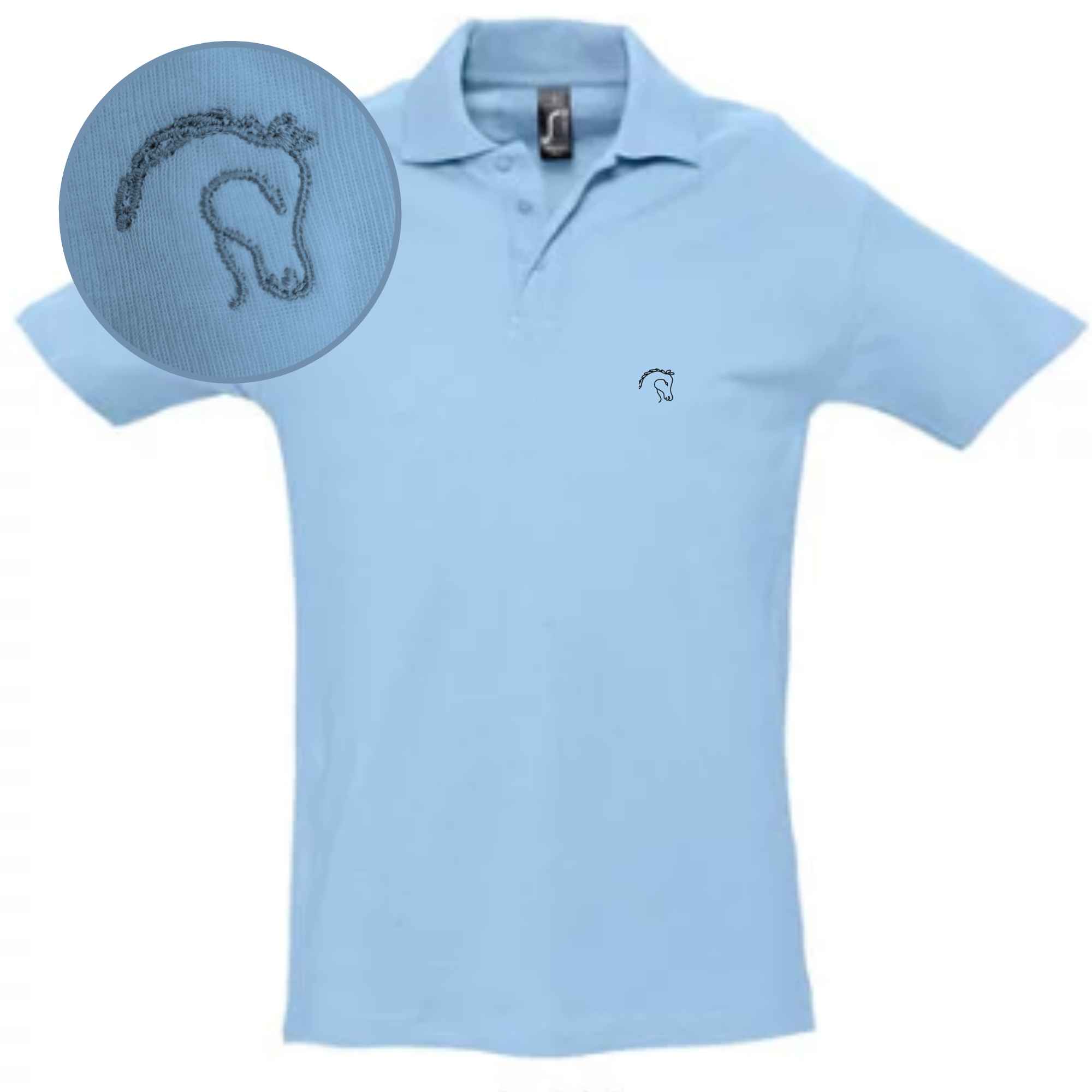Besticktes Poloshirt mit Pferdekopf als Motiv in Farbe Hellblau