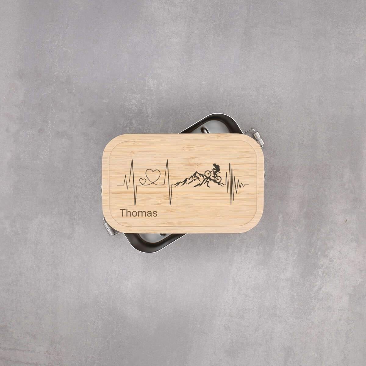 Lunchbox Edelstahl mit Holzdeckel 1100ml - Herzschlag Berg & Fahrrad - Festes Design (Personalisierbar