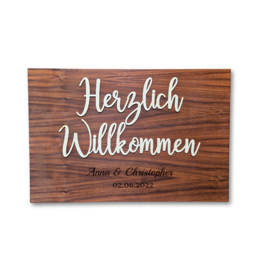 Willkommensschild 3D zur Hochzeit personalisiert aus Holz