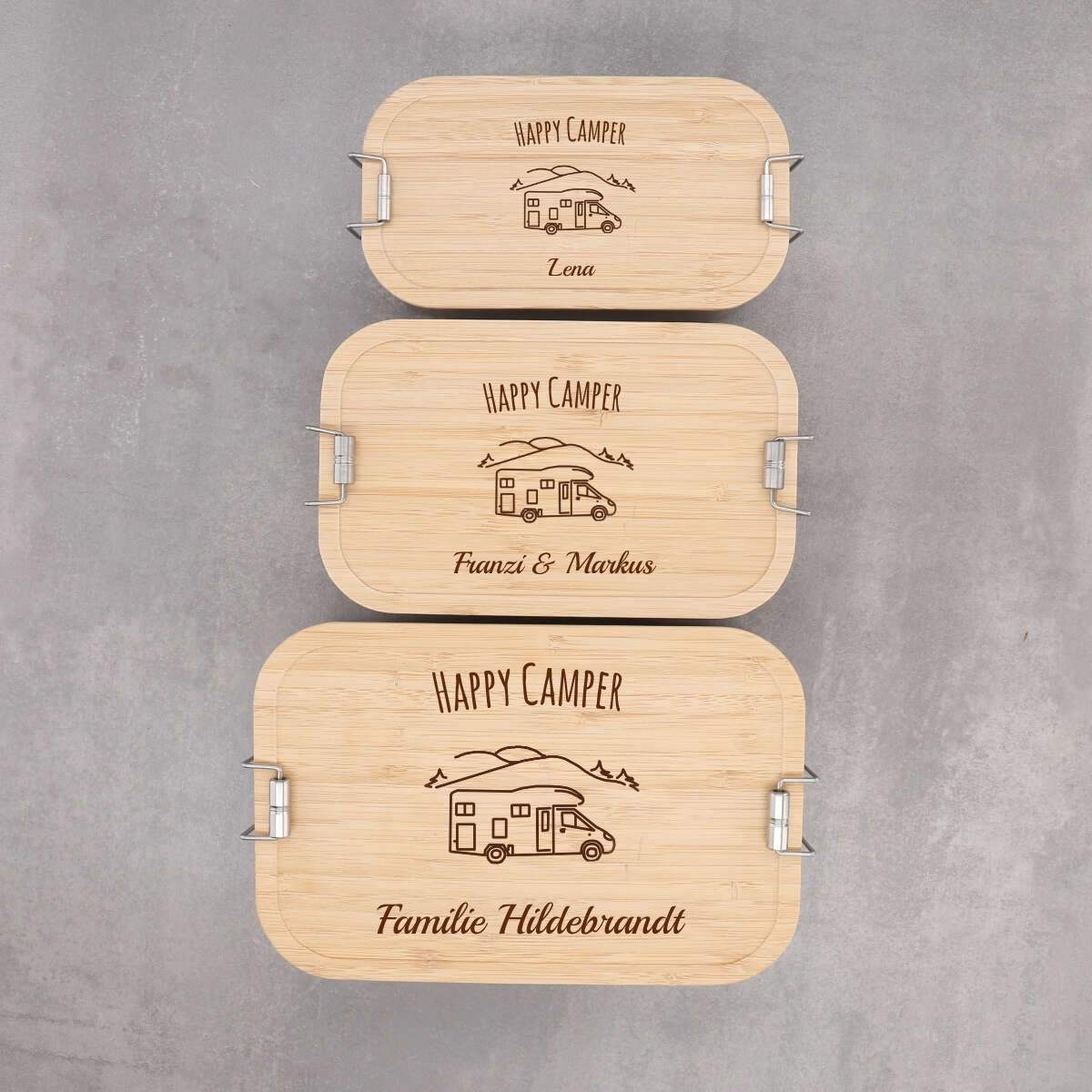 Personalisierte Lunchbox "Wohnmobil" mit Camper-Motiv, aus Edelstahl mit Bambusdeckel – Festes Design (Personalisierbar)