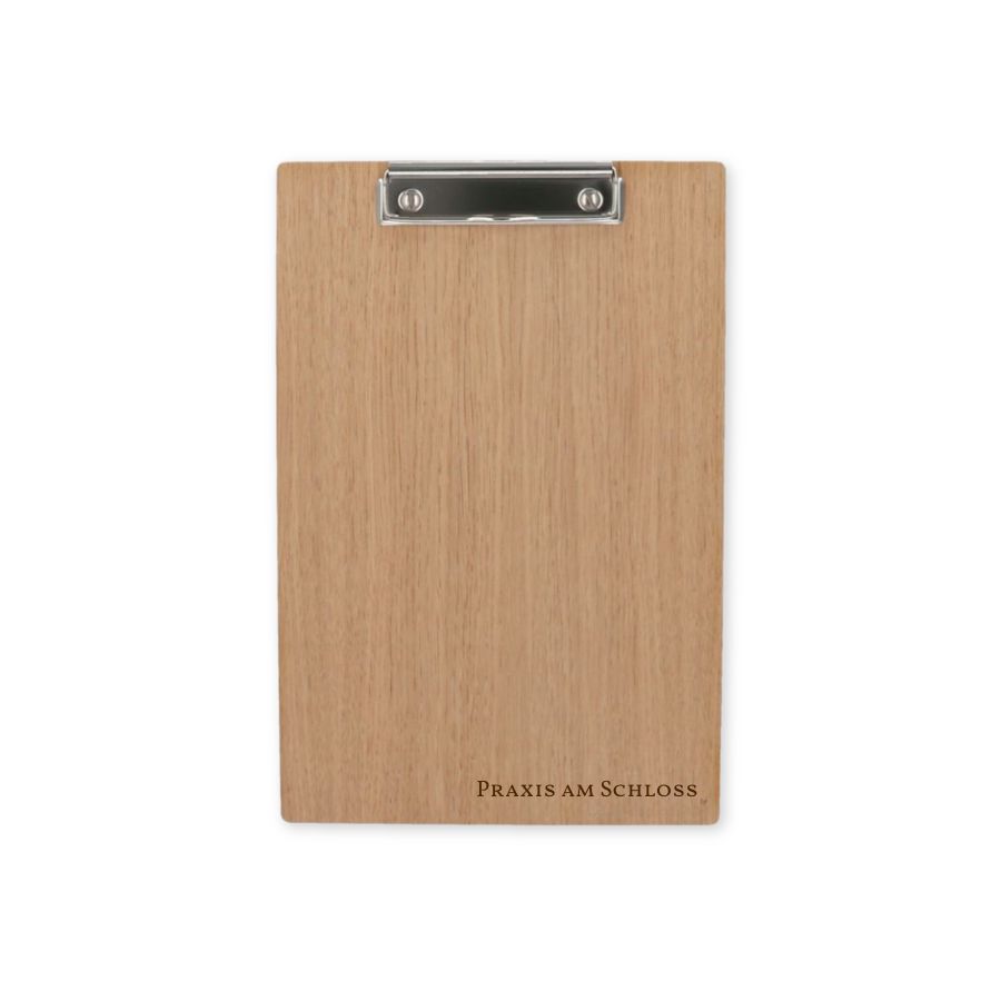 Holz Klemmbrett A4, silberne Klemme, mit Namen oder Logo für Praxen Holz Klemmbrett A4, silberne Klemme, mit Namen oder Logo für Praxen