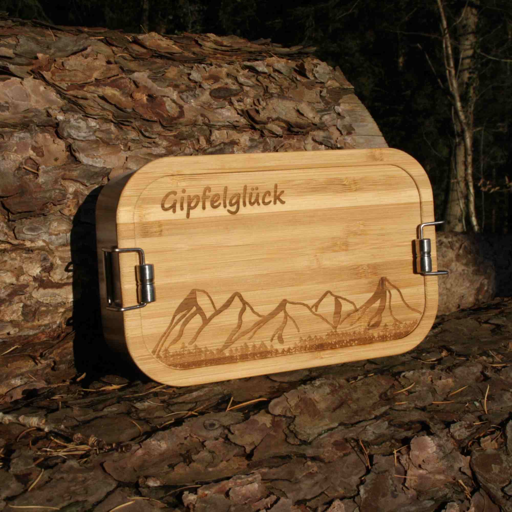Gipfelglück Lunchbox mit Bergen und Text-Gravur auf Holzdeckel für Wanderer, Naturliebhaber und Abenteurer geeignet