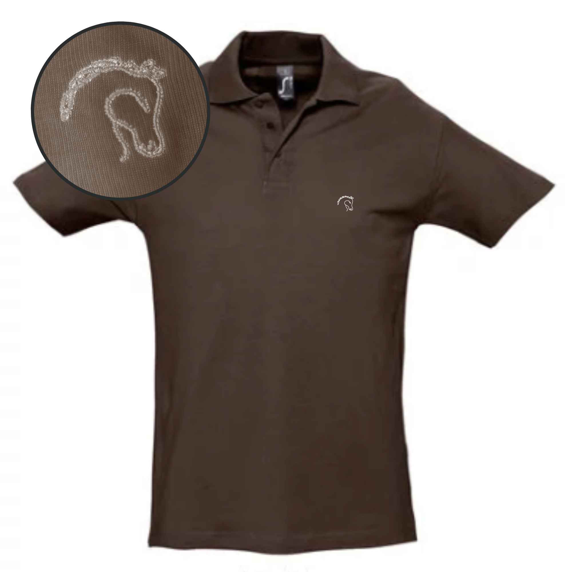 Pferdekopfmotiv auf Poloshirt in der Farbe brau mit dem Stick auf der linken Brust für Pferdebegeisterte
