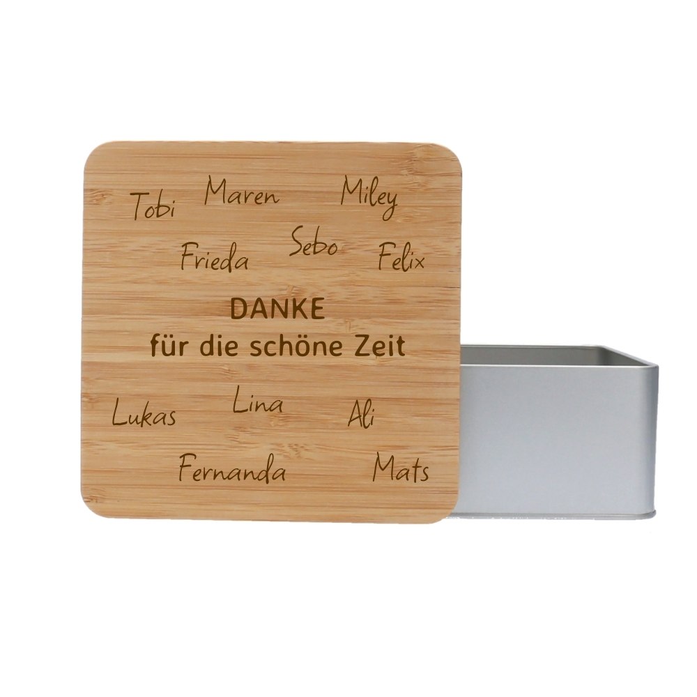 Personalisierte Keksdose mit Unterschrifen in den Holzdeckel eingraviert als Abschiedsgeschenk und Dankeschön