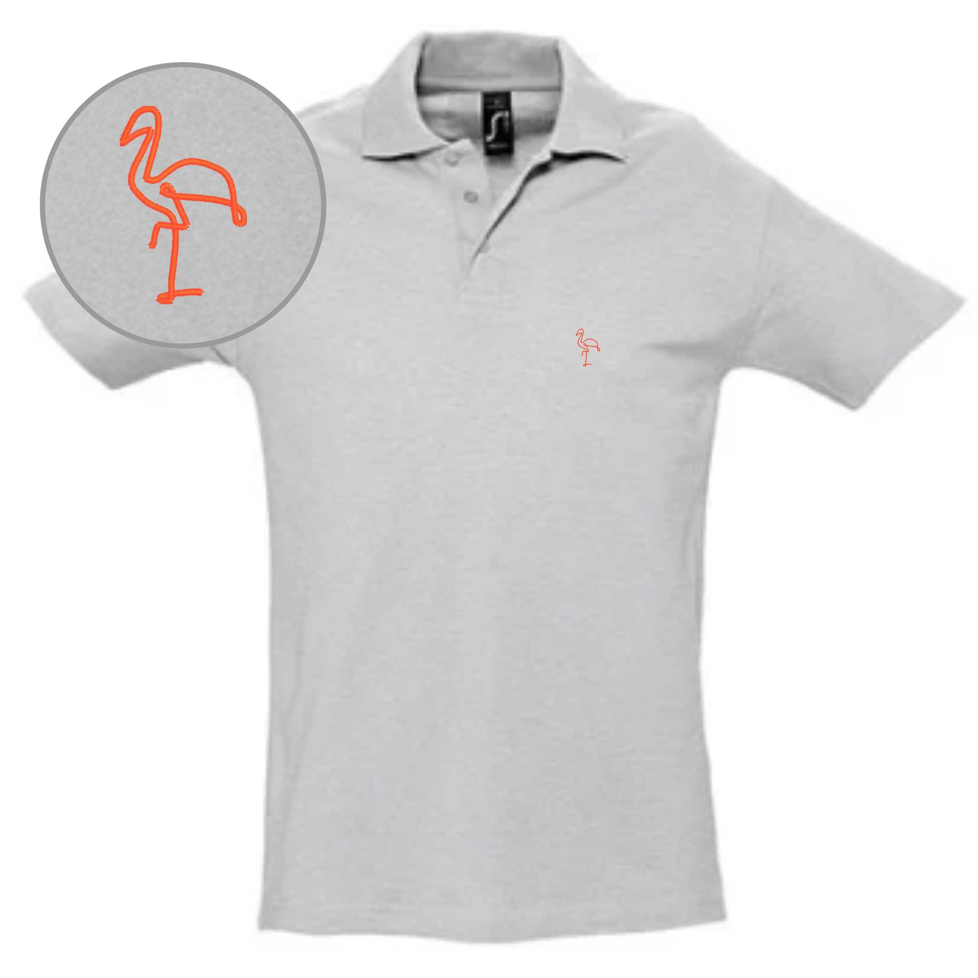Poloshirts grau mit einem Flamingo-Stick als Motiv auf die Brust gestickt für Herren