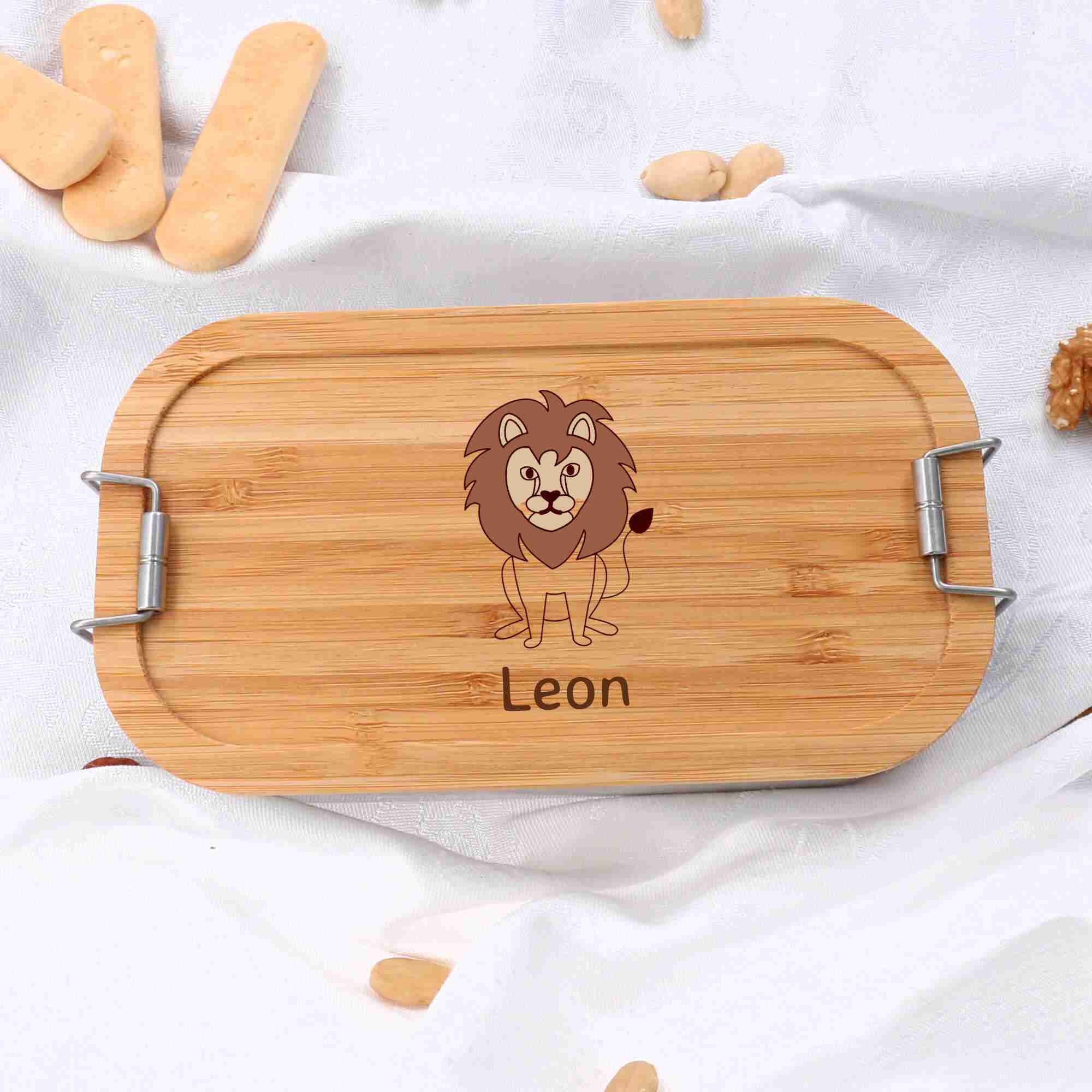 Gravierte Löwen-Lunchbox mit Namen personalisiert für Kinder