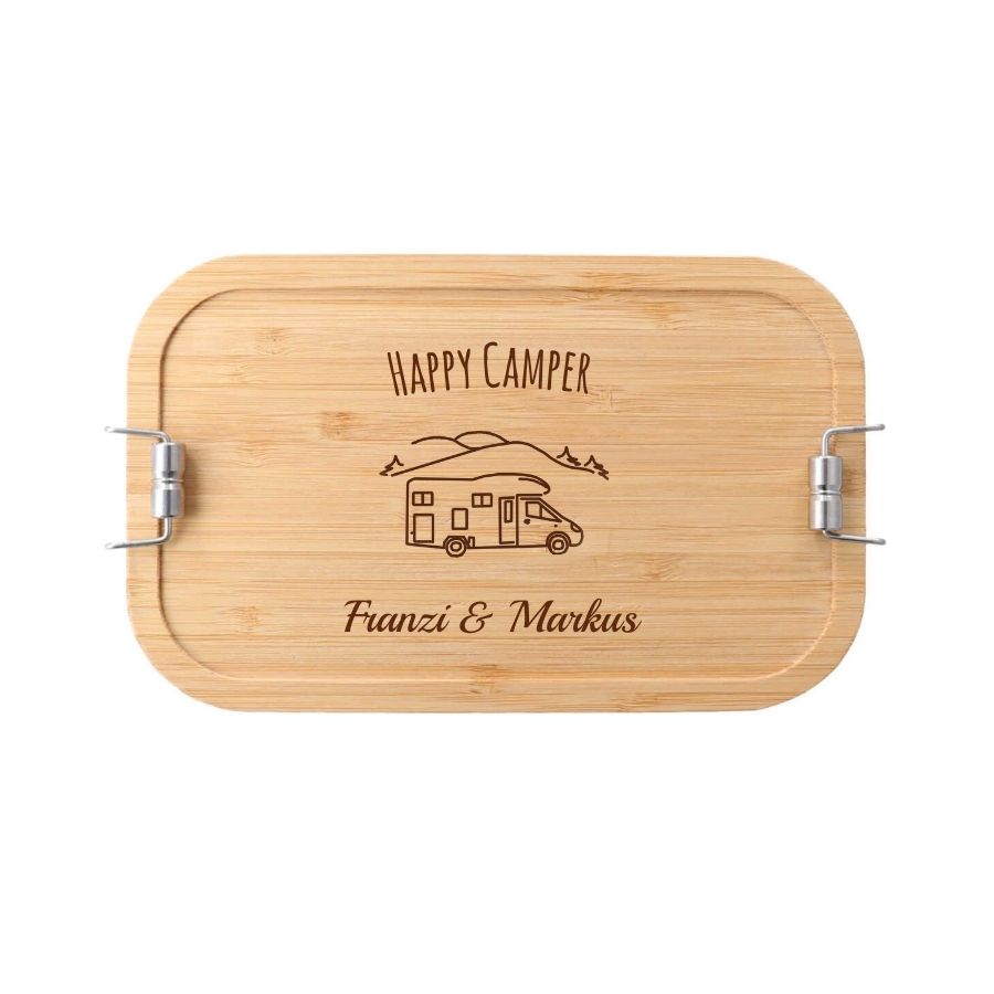 Personalisierte Lunchbox "Wohnmobil" mit Camper-Motiv, aus Edelstahl mit Bambusdeckel – Nachhaltiges Geschenk für Camping-Fans